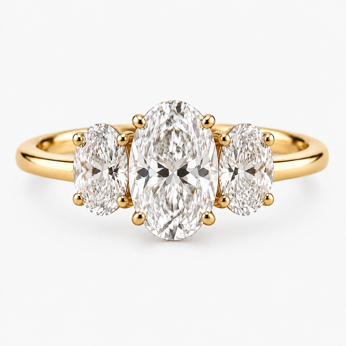 Lab Grown Diamond Oval Cut Three Stone Engagement Ring with Oval Side Stones in 14K Yellow Gold
