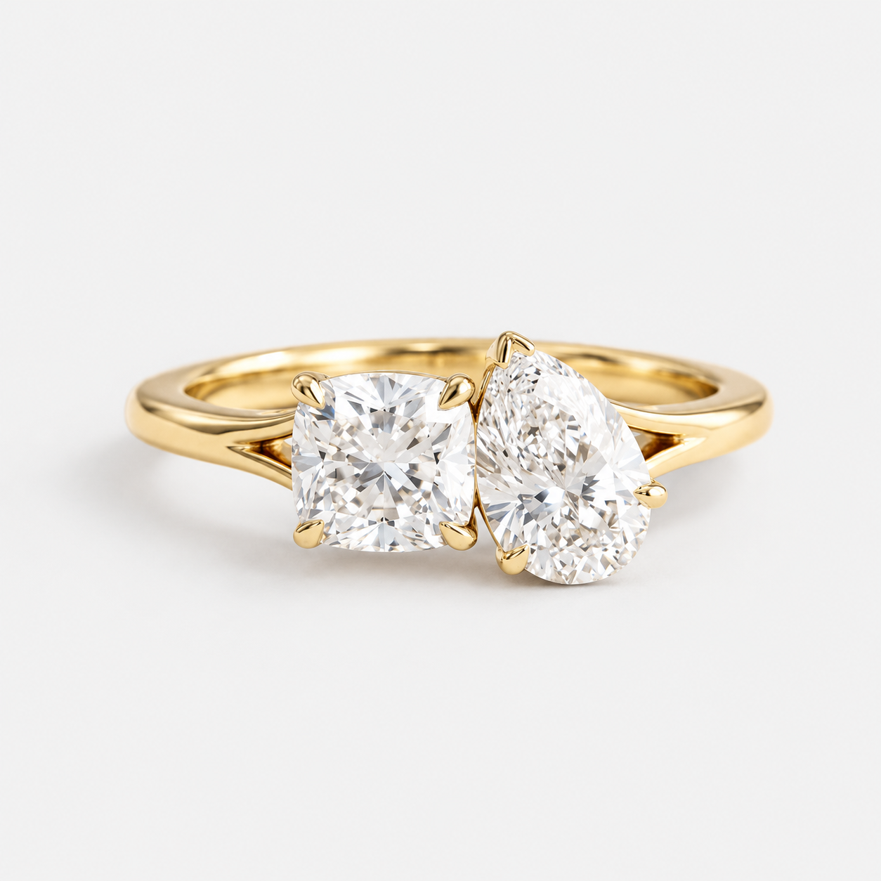 Toi et Moi Cushion and Pear Cut Diamond Engagement Ring in 14K Yellow Gold
