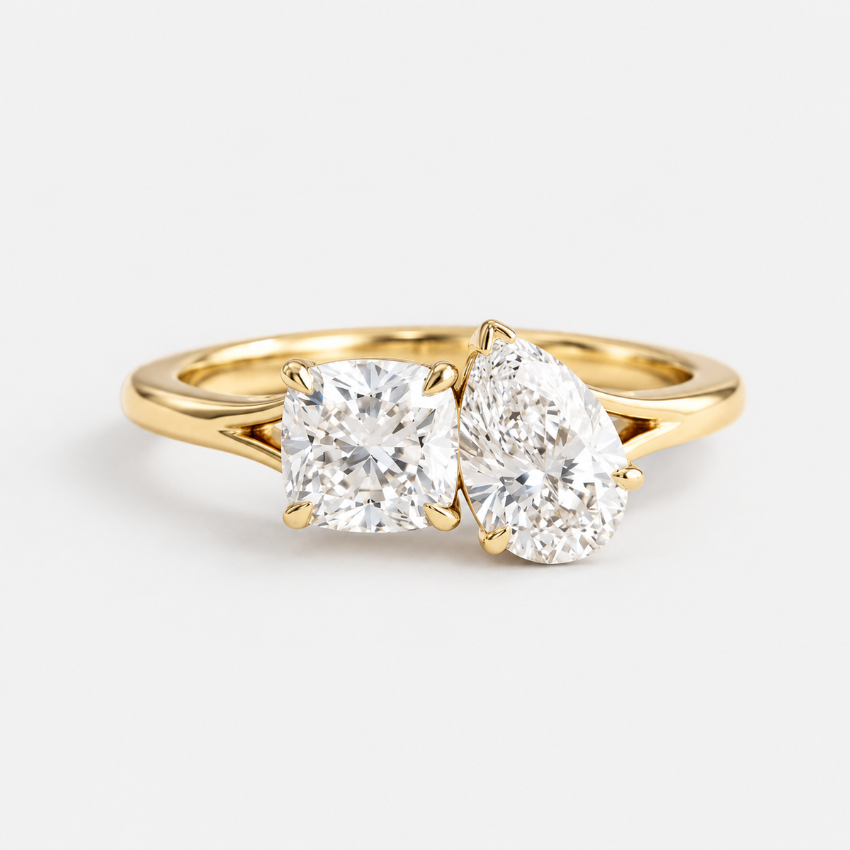 Toi et Moi Cushion and Pear Cut Diamond Engagement Ring in 14K Yellow Gold