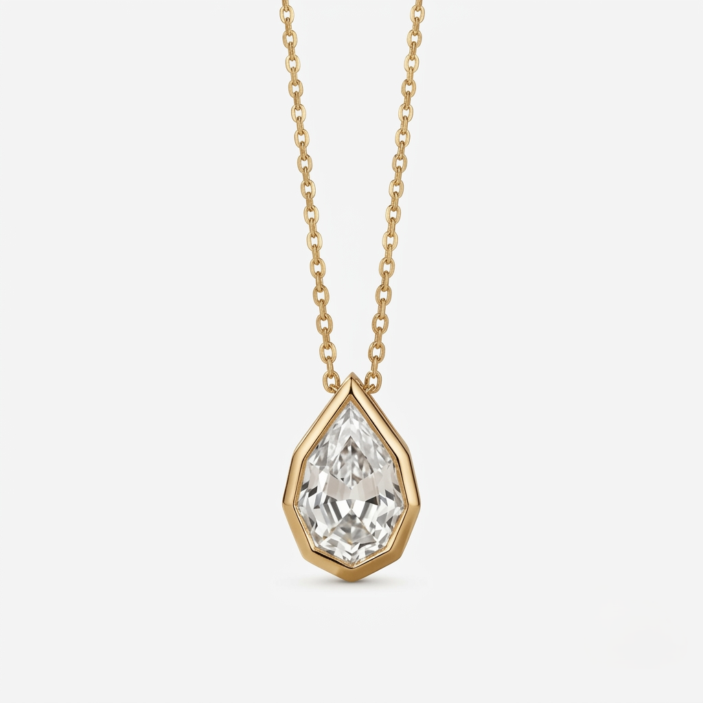 Lab Grown Diamond Step Cut Pear Bezel Pendant Necklace IGI Certified in 14K Yellow Gold