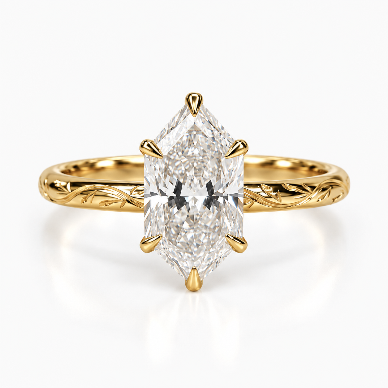 Hexagon Cut Lab Grown Diamond Vintage Floral Engagement Ring in 14K Yellow Gold