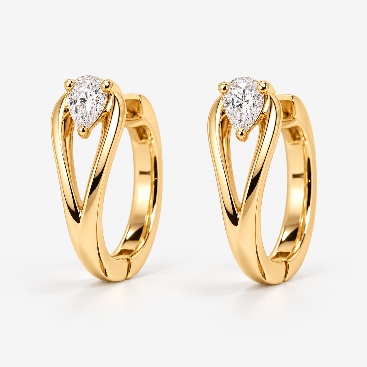 Lab Grown Diamond Pear Cut Split Curved Huggie Hoop Earrings IGI Certified in 14K Yellow Gold
