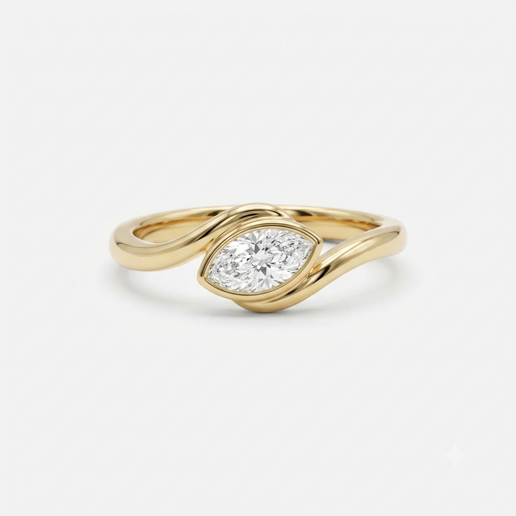 Lab Grown Diamond Marquise Cut East-West Bypass Bezel Engagement Ring IGI Certified in 14K Yellow Gold