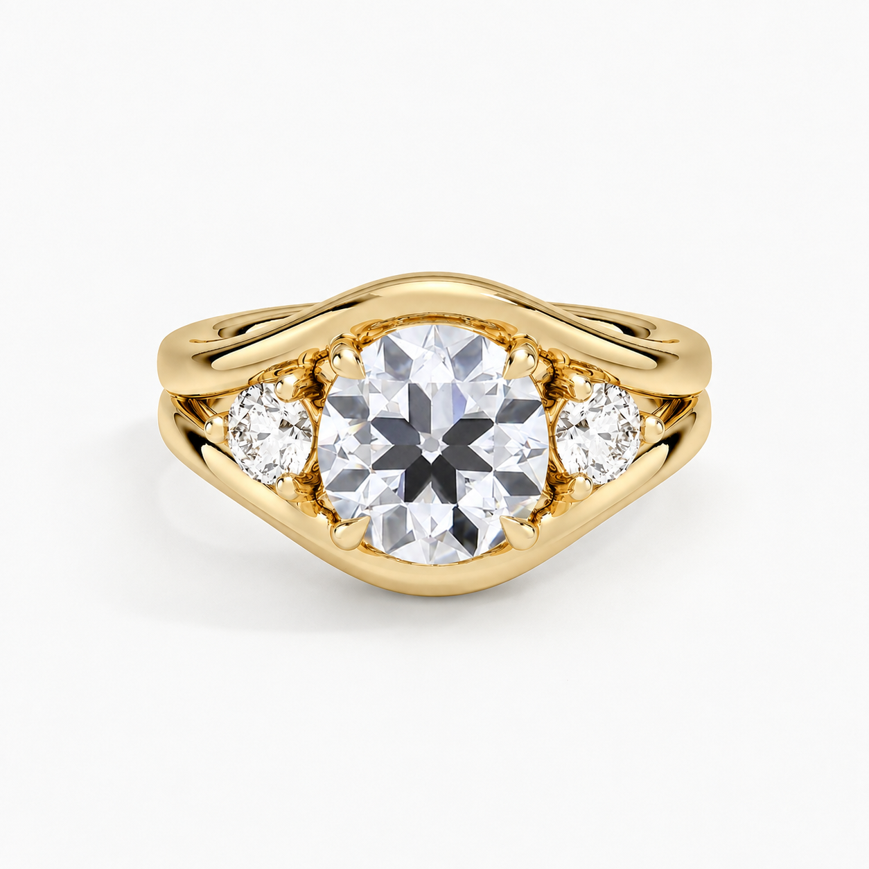 Lab Grown Diamond Round Old European Cut Three-Stone Contour Band Engagement Ring IGI Certified in 14K Yellow Gold