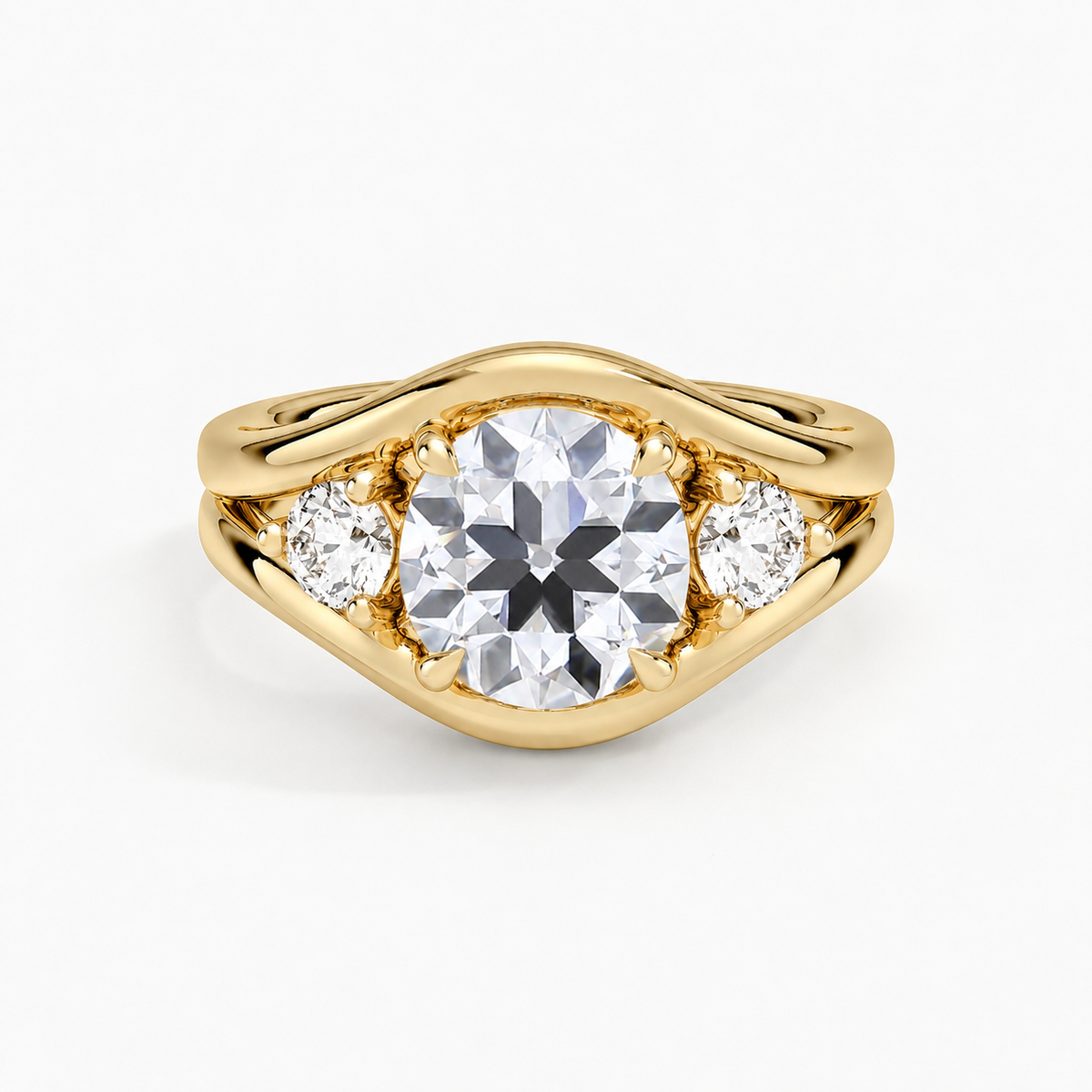 Lab Grown Diamond Round Old European Cut Three-Stone Contour Band Engagement Ring IGI Certified in 14K Yellow Gold