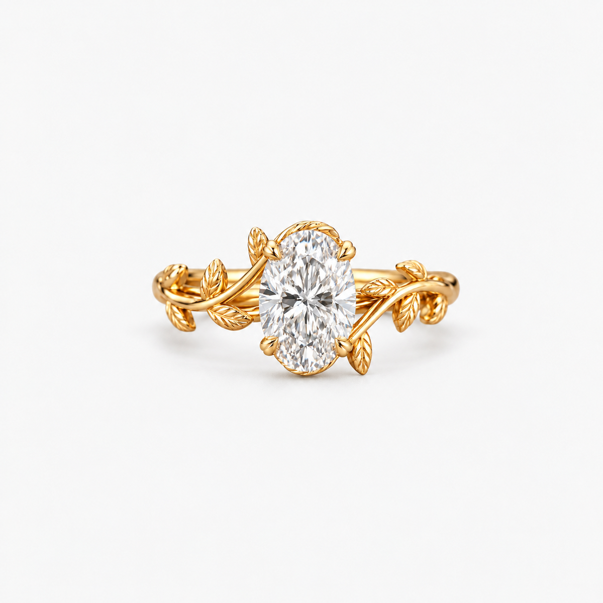 Oval Cut Diamond Vine Leaf Engagement Ring in 14K Yellow Gold