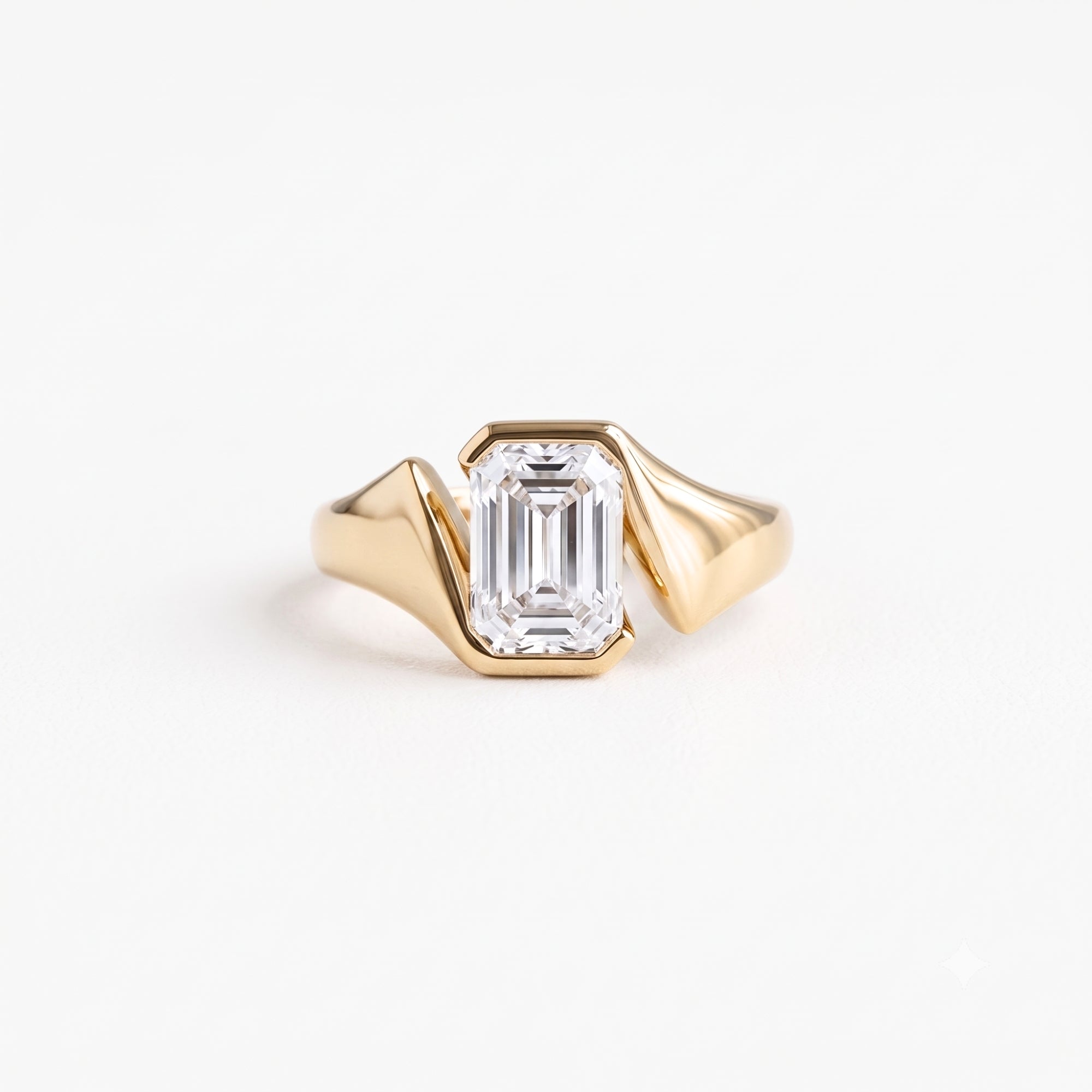 Lab Grown Diamond Emerald Cut Sculptural Bezel Bypass Engagement Ring IGI Certified in 14K Yellow Gold