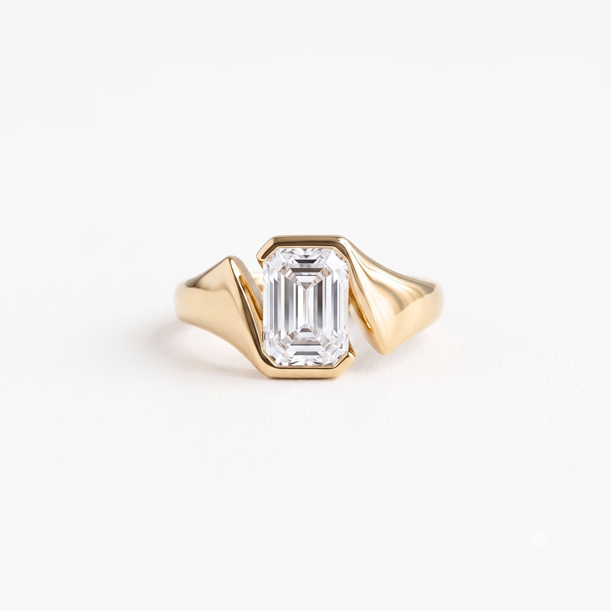 Lab Grown Diamond Emerald Cut Sculptural Bezel Bypass Engagement Ring IGI Certified in 14K Yellow Gold