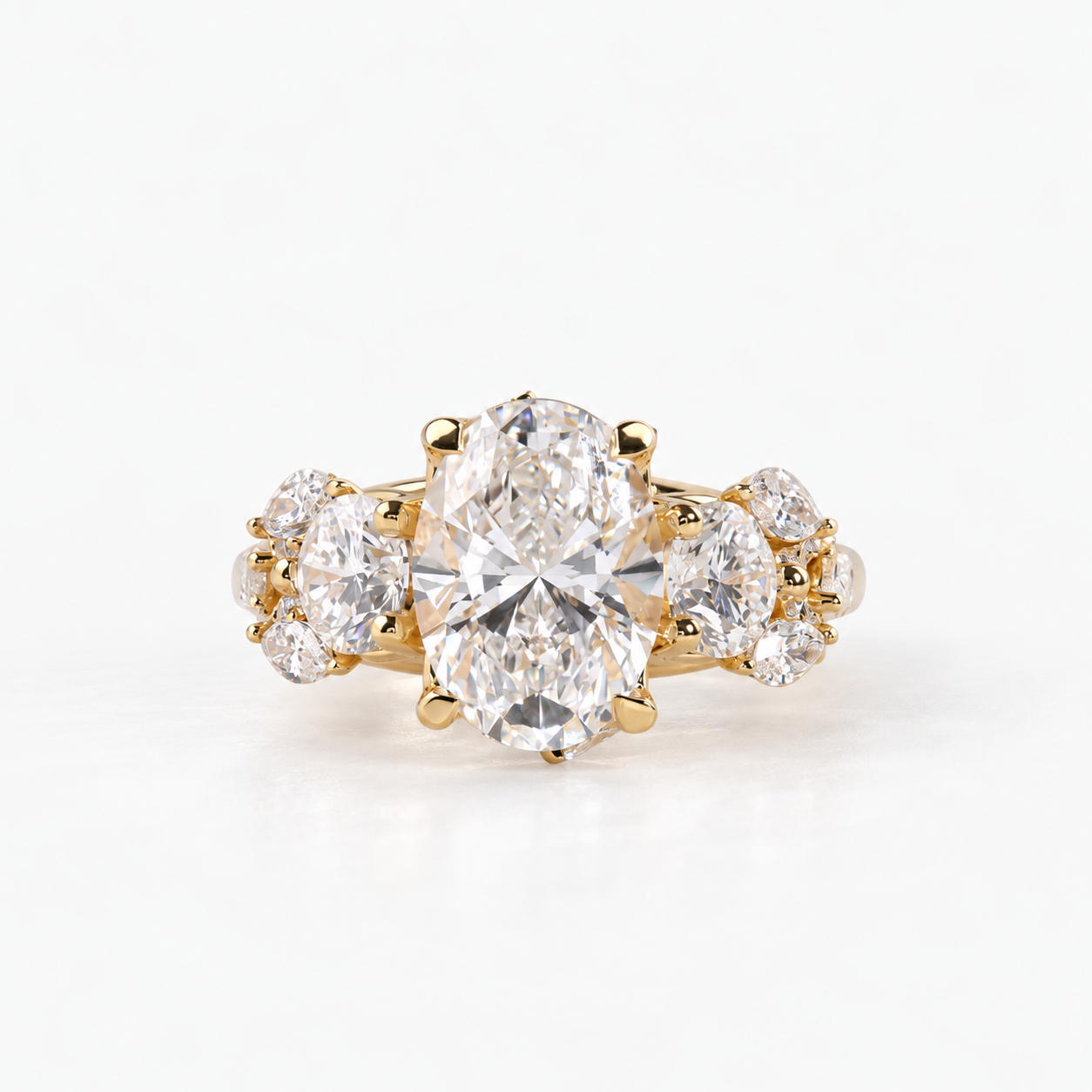 Lab Grown Diamond Oval Brilliant Cut Round and Marquise Cluster Side Accent Engagement Ring IGI Certified in 14K Yellow Gold
