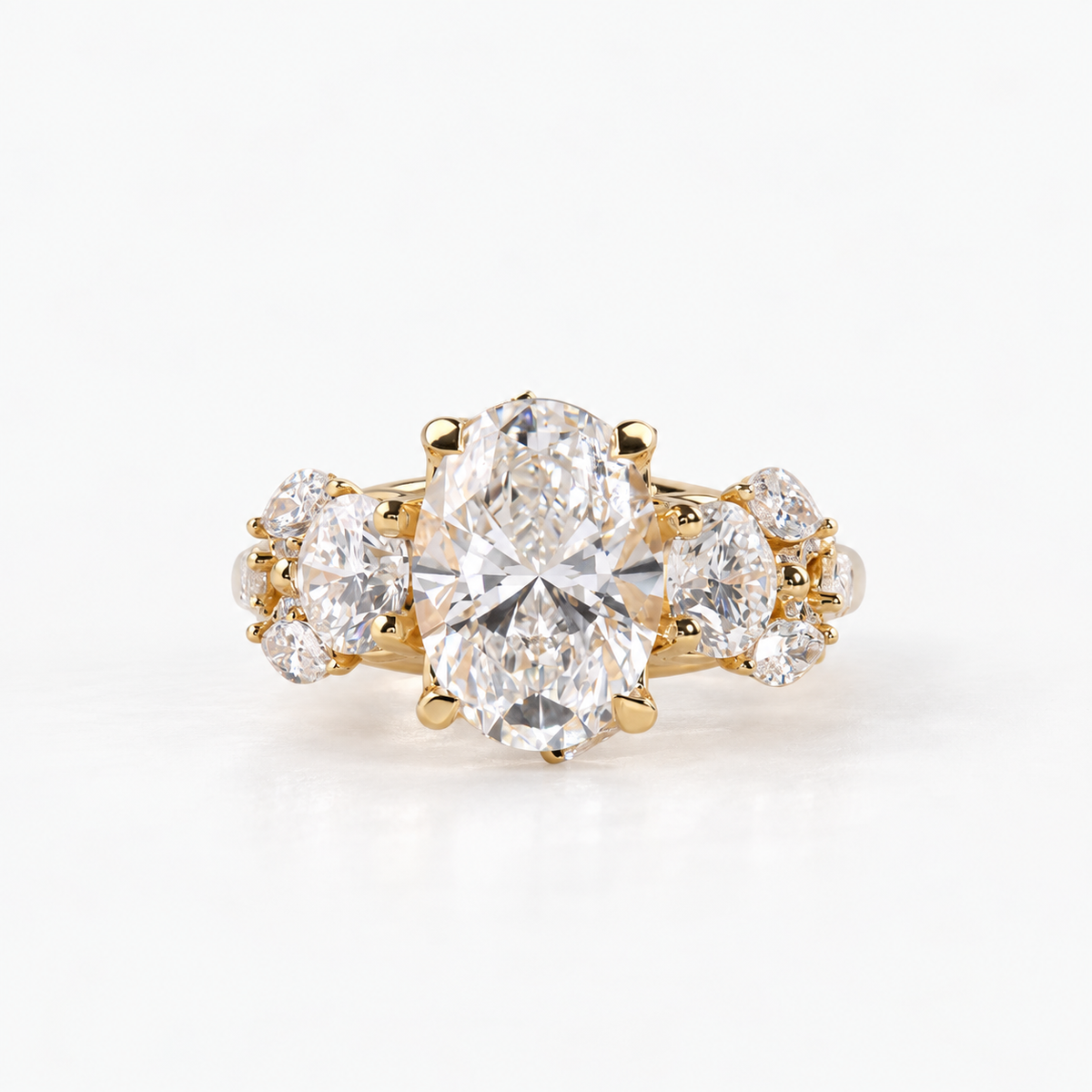 Lab Grown Diamond Oval Brilliant Cut Round and Marquise Cluster Side Accent Engagement Ring IGI Certified in 14K Yellow Gold