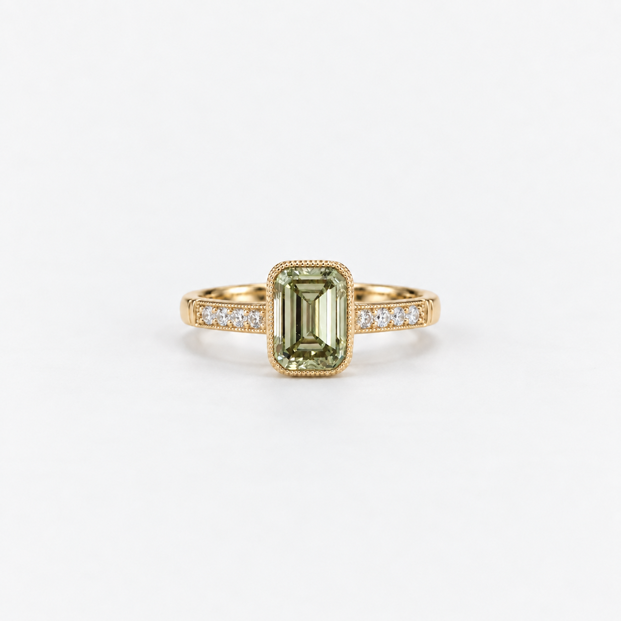 Lab Grown Diamond Emerald Cut Olive Green Lab Grown Diamond Vintage Milgrain Bezel Set Engagement Ring with Pavé Diamond Band in 14K Yellow Gold