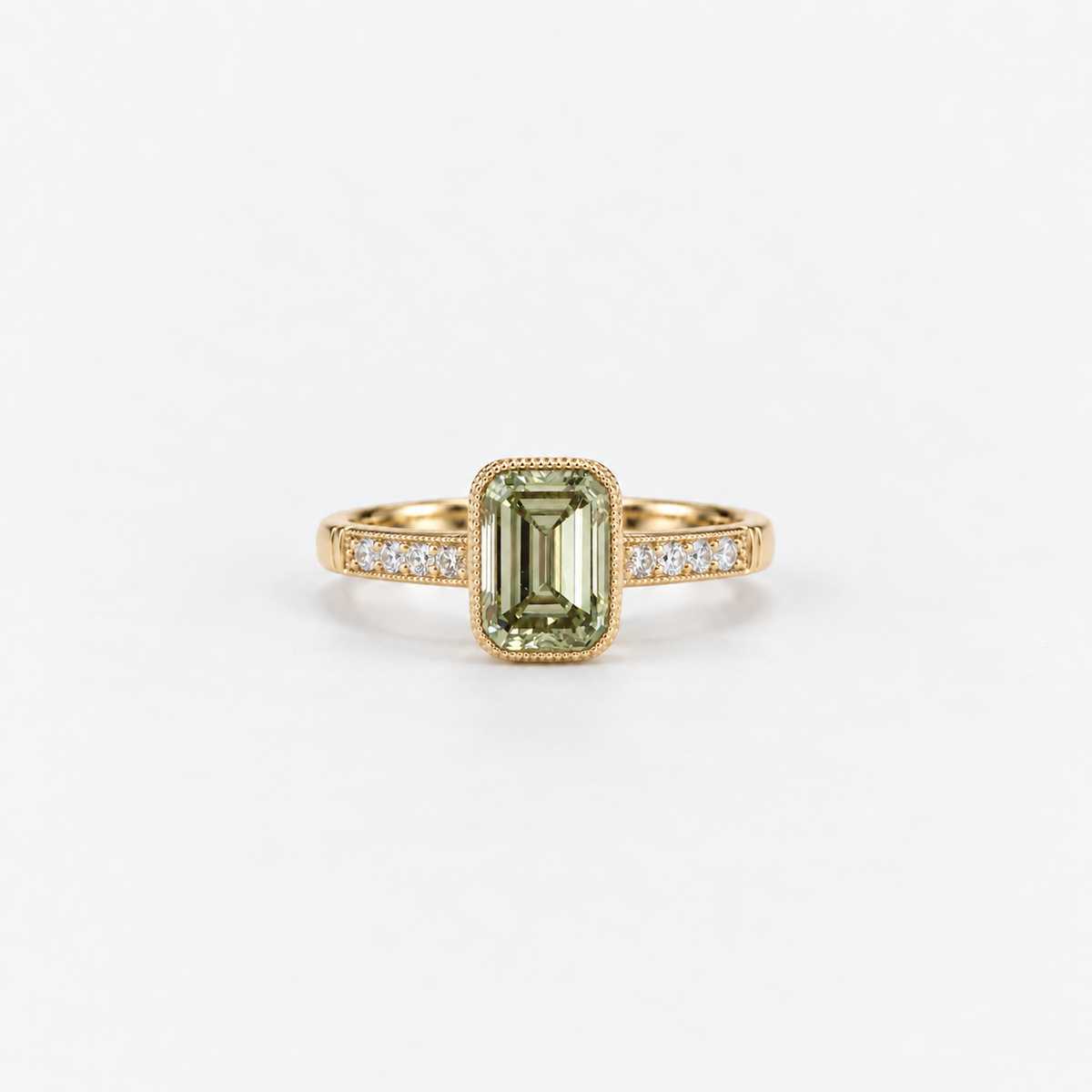 Lab Grown Diamond Emerald Cut Olive Green Lab Grown Diamond Vintage Milgrain Bezel Set Engagement Ring with Pavé Diamond Band in 14K Yellow Gold