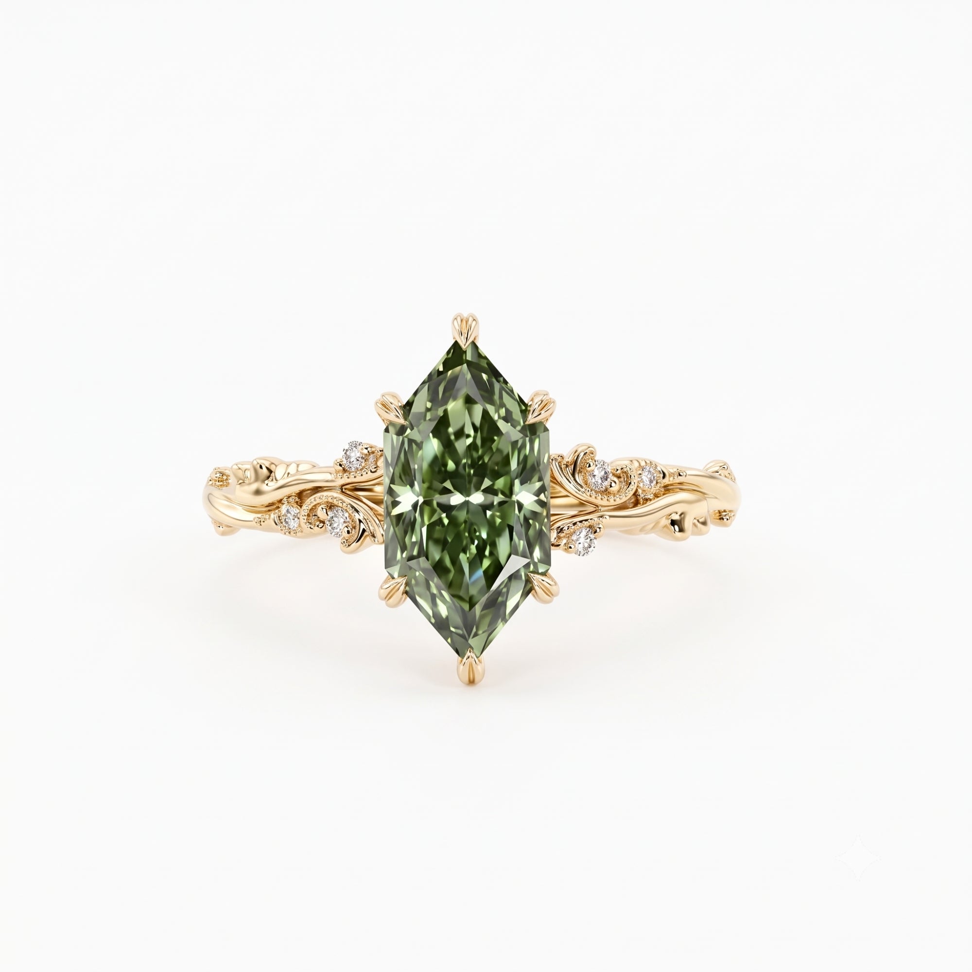 Lab Grown Diamond Green Dutch Marquise Cut with Round Diamond Side Accents in Nature-Inspired Vine Engraved Band Engagement Ring IGI Certified in 14K Yellow Gold