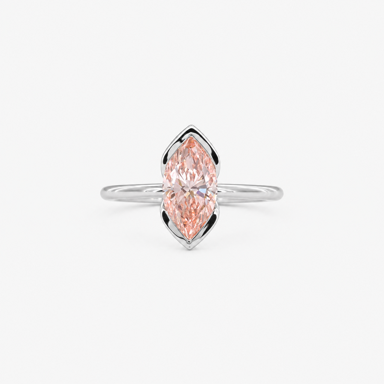 Lab Grown Diamond Fancy Pinkish Peach Marquise Cut Open-Side Half Bezel V-Cap Solitaire Engagement Ring IGI Certified in 14K Yellow Gold