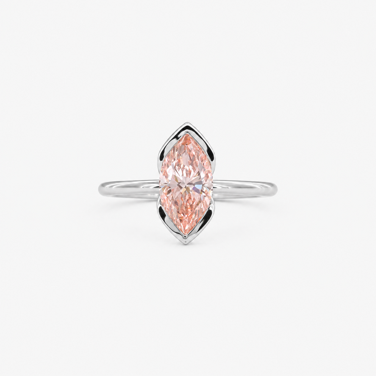 Lab Grown Diamond Fancy Pinkish Peach Marquise Cut Open-Side Half Bezel V-Cap Solitaire Engagement Ring IGI Certified in 14K Yellow Gold