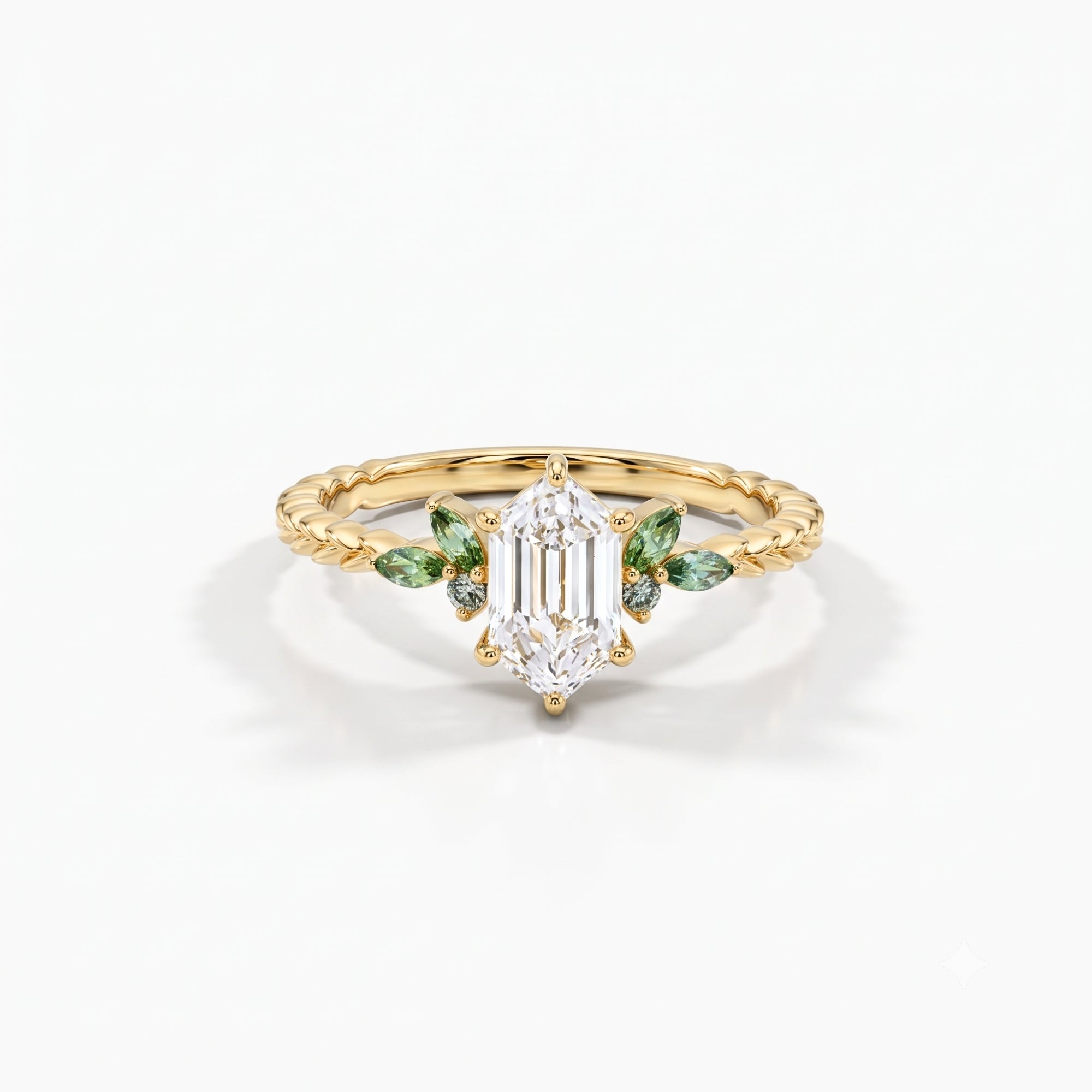 Lab Grown Diamond Elongated Hexagon Step Cut Twisted Braided Rope Engagement Ring with Green Marquise & Round Side Cluster IGI Certified in 14K Yellow Gold