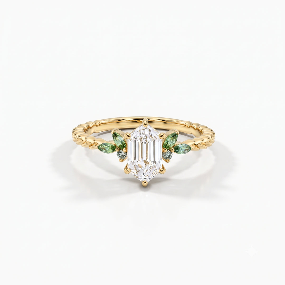 Lab Grown Diamond Elongated Hexagon Step Cut Twisted Braided Rope Engagement Ring with Green Marquise & Round Side Cluster IGI Certified in 14K Yellow Gold
