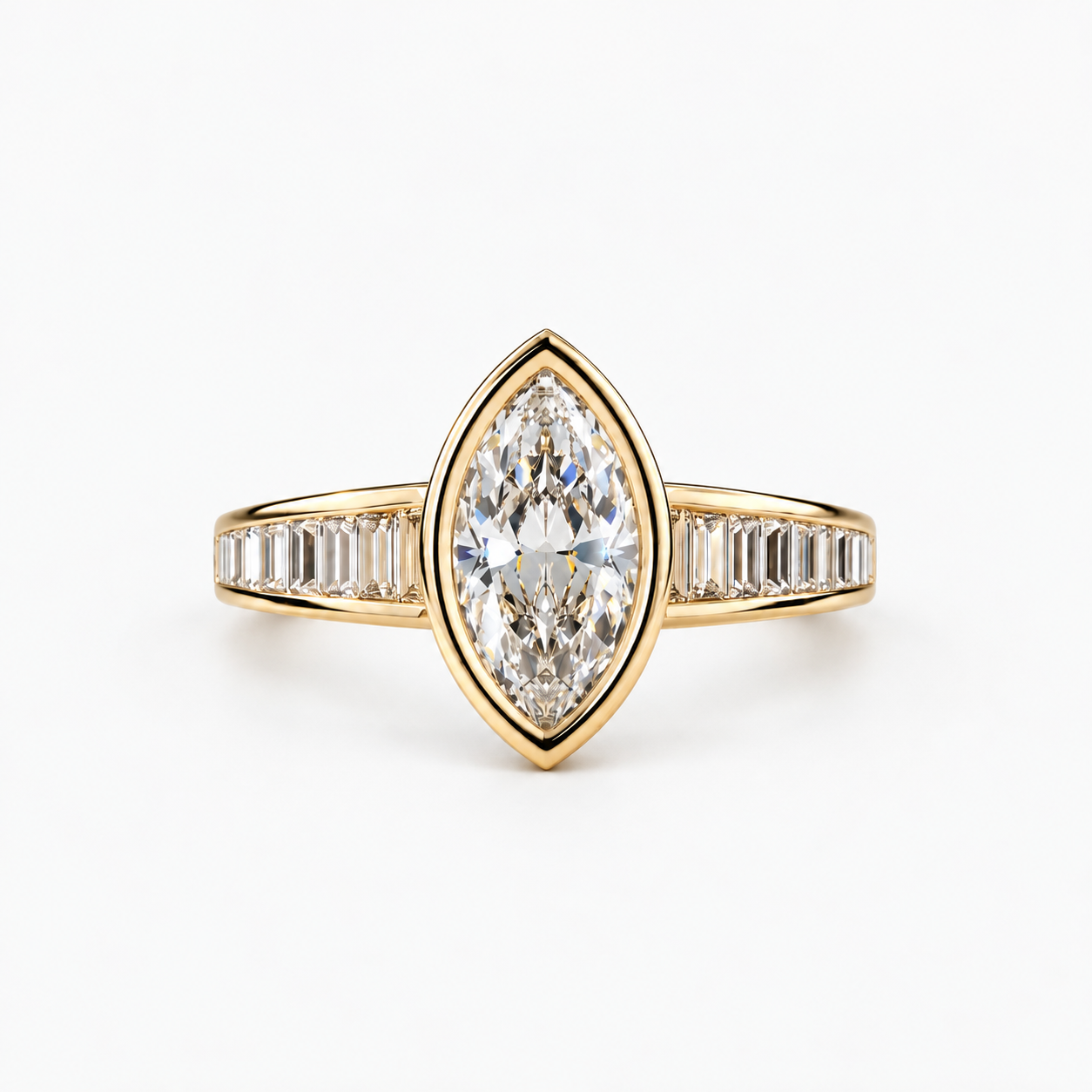 Lab Grown Diamond Marquise Cut Bezel Set Engagement Ring with Baguette Diamond Half Eternity Band in 14K Yellow Gold