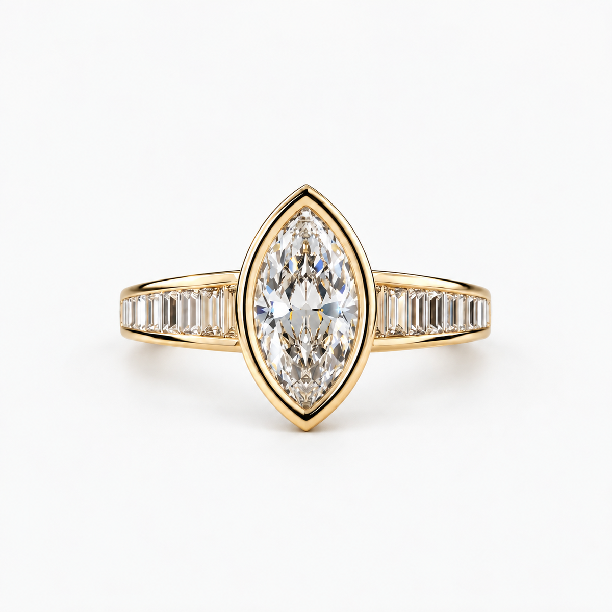 Lab Grown Diamond Marquise Cut Bezel Set Engagement Ring with Baguette Diamond Half Eternity Band in 14K Yellow Gold