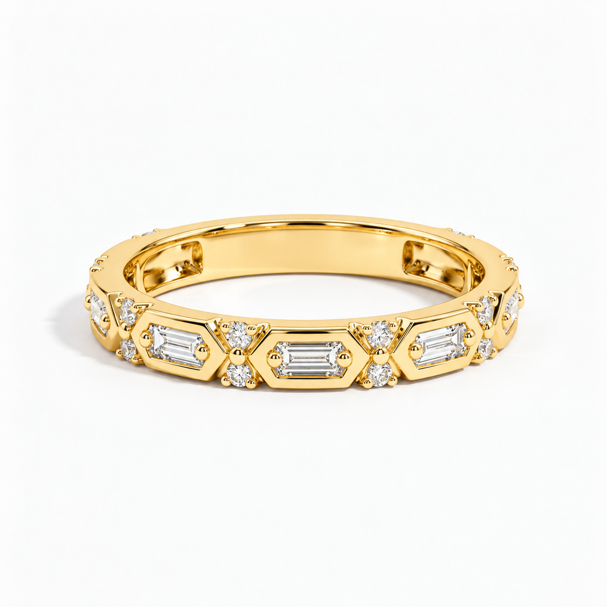 Lab Grown Diamond Geometric Hexagon Baguette Eternity Band Ring in White Gold