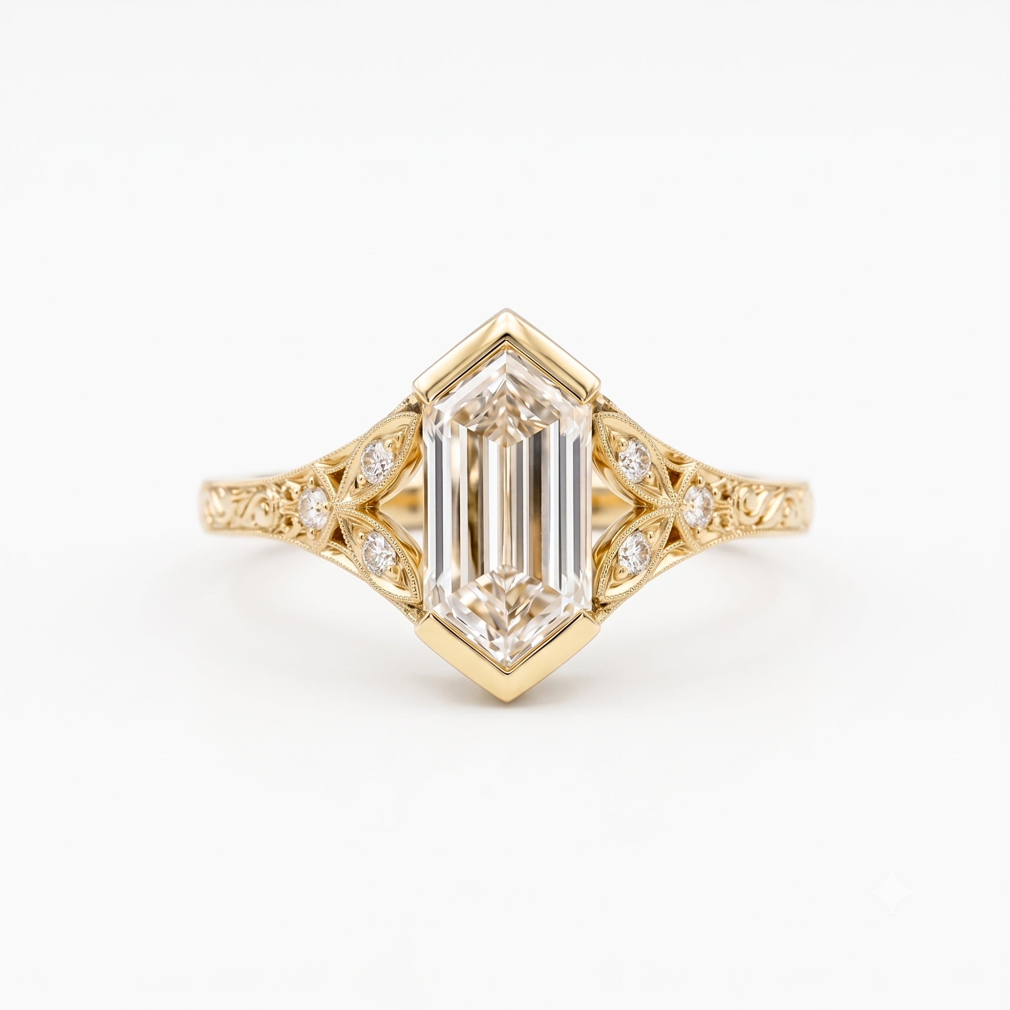 Lab Grown Diamond Elongated Hexagon Step Cut Vintage Filigree Engraved Bezel Engagement Ring with Round Side Accents IGI Certified in 14K Yellow Gold