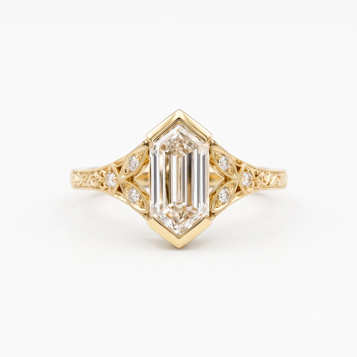 Lab Grown Diamond Elongated Hexagon Step Cut Vintage Filigree Engraved Bezel Engagement Ring with Round Side Accents IGI Certified in 14K Yellow Gold