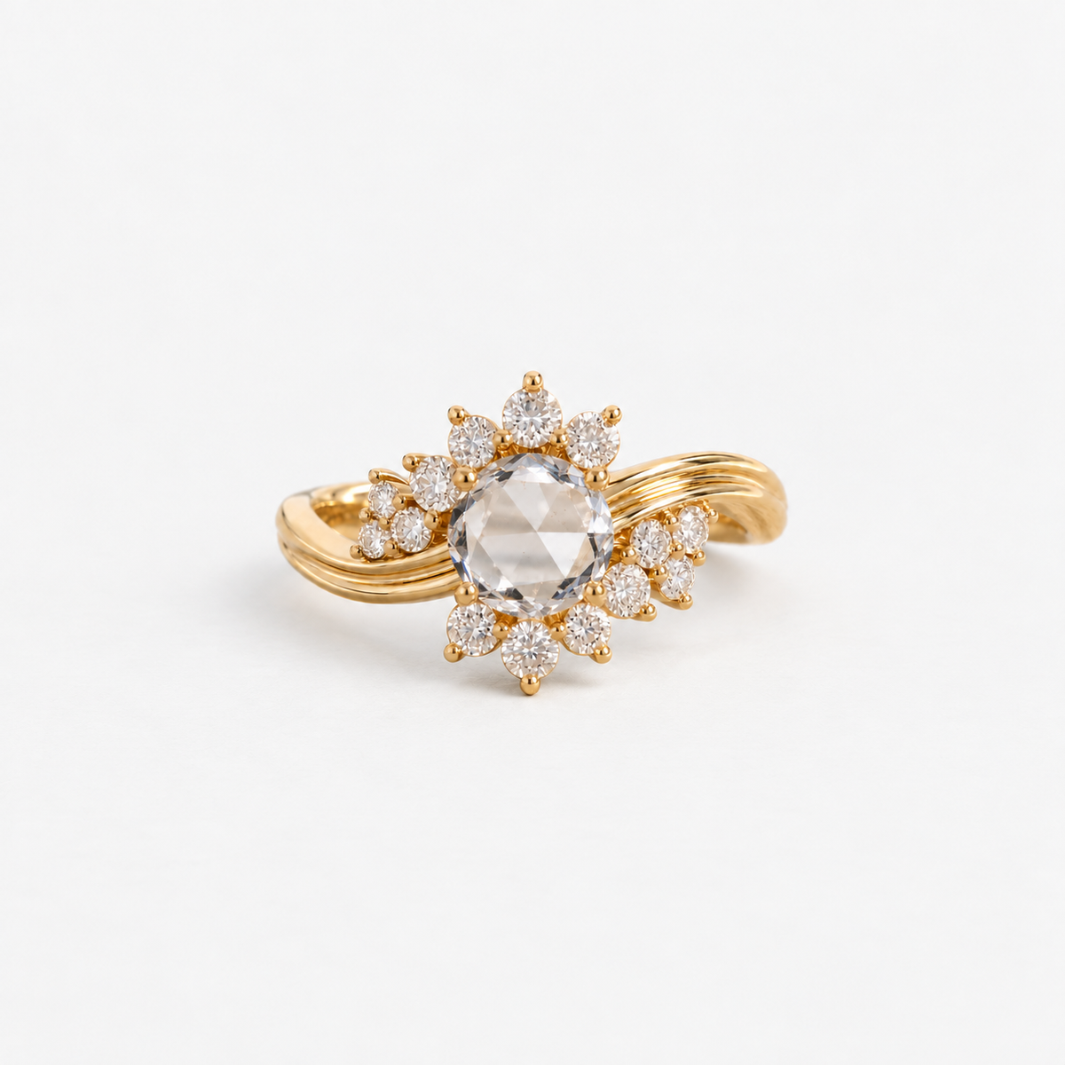 Lab Grown Diamond Round Rose Cut Floral Burst Starburst Bypass Wave Band Engagement Ring IGI Certified in 14K Yellow Gold