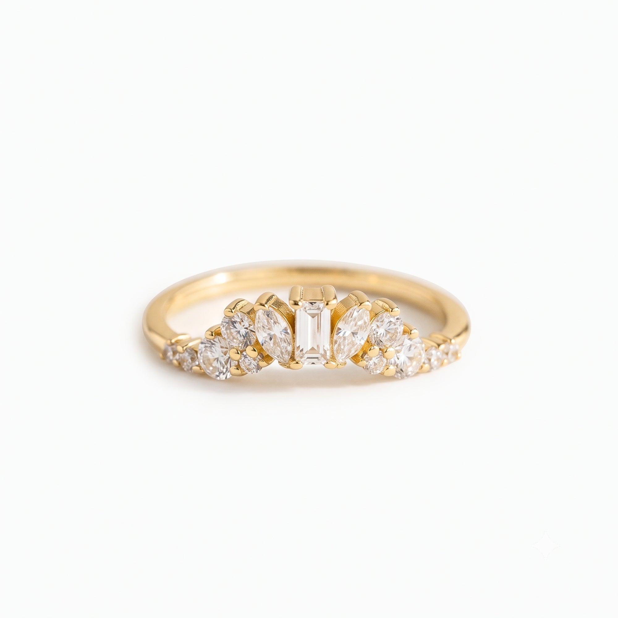Lab Grown Diamond   Emerald Cut with Marquise and Round Diamond Accents Floral Cluster Wedding   Band in 14K Yellow Gold