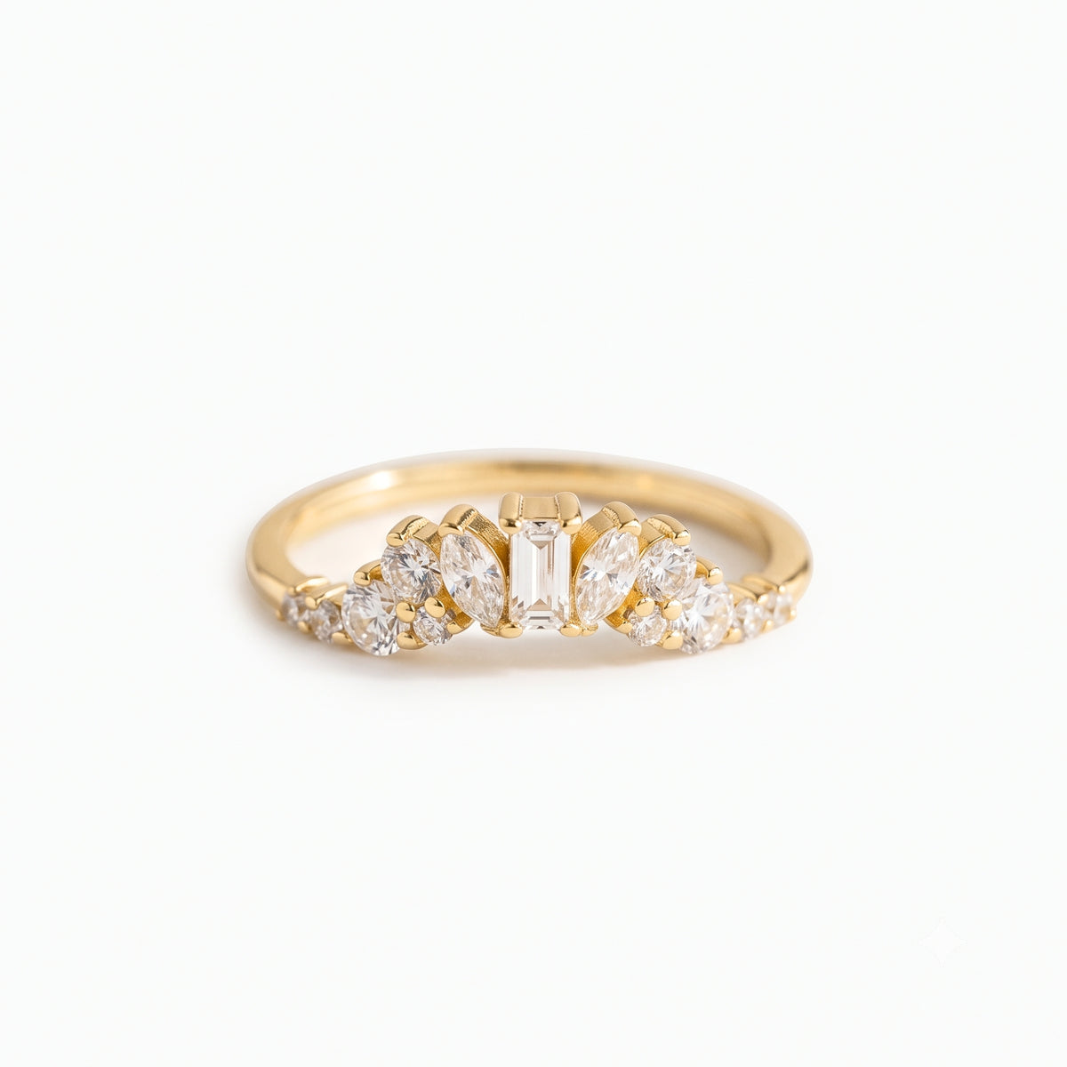 Lab Grown Diamond   Emerald Cut with Marquise and Round Diamond Accents Floral Cluster Wedding   Band in 14K Yellow Gold