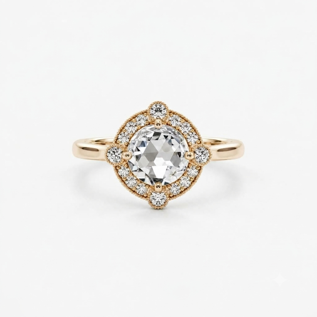 Lab Grown Diamond Round Rose Cut Vintage Milgrain Beaded Geometric Starburst Halo Engagement Ring IGI Certified in 14K Yellow Gold