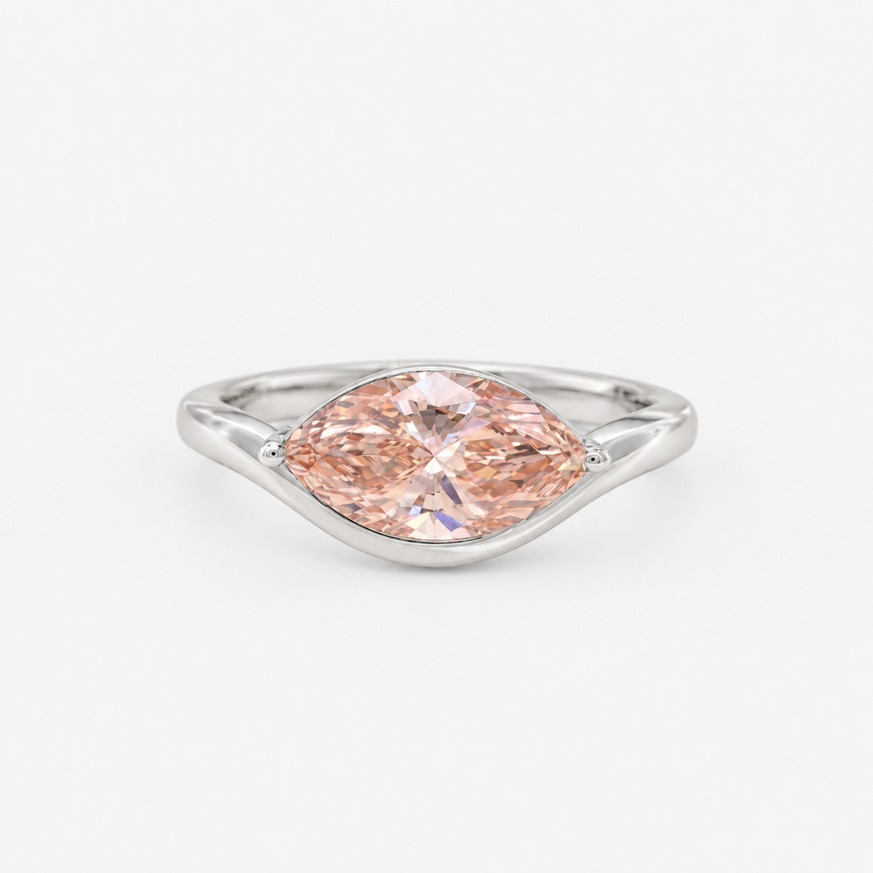 Lab Grown Diamond Fancy Pinkish Peach Marquise Cut East-West V-Contour Half Bezel Solitaire Engagement Ring IGI Certified in 14K Yellow Gold