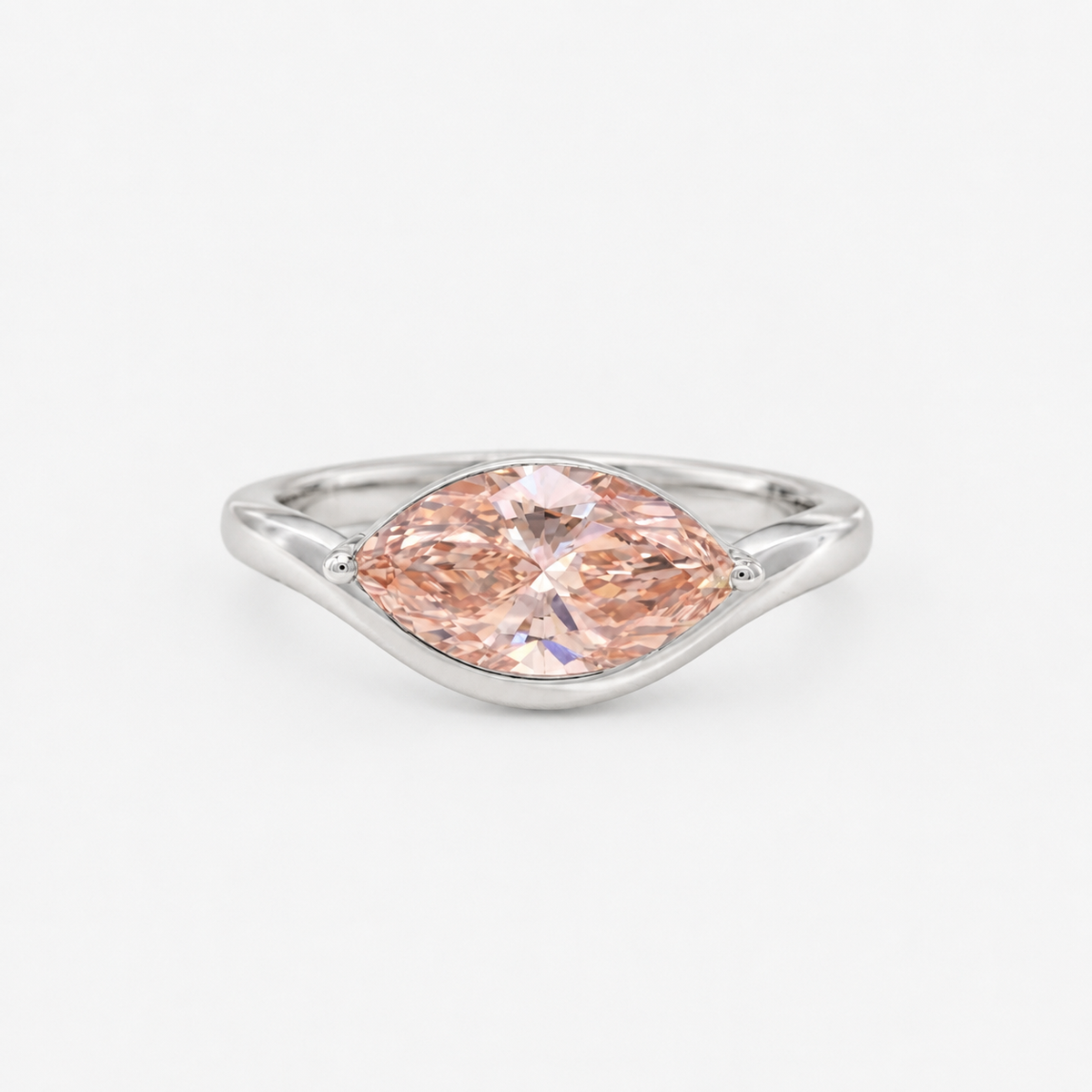 Lab Grown Diamond Fancy Pinkish Peach Marquise Cut East-West V-Contour Half Bezel Solitaire Engagement Ring IGI Certified in 14K Yellow Gold