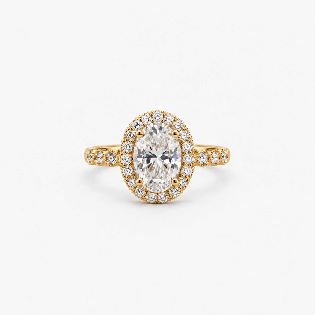 Oval Cut Halo Lab Grown Diamond Engagement Ring with Pavé Band in 14K Yellow Gold