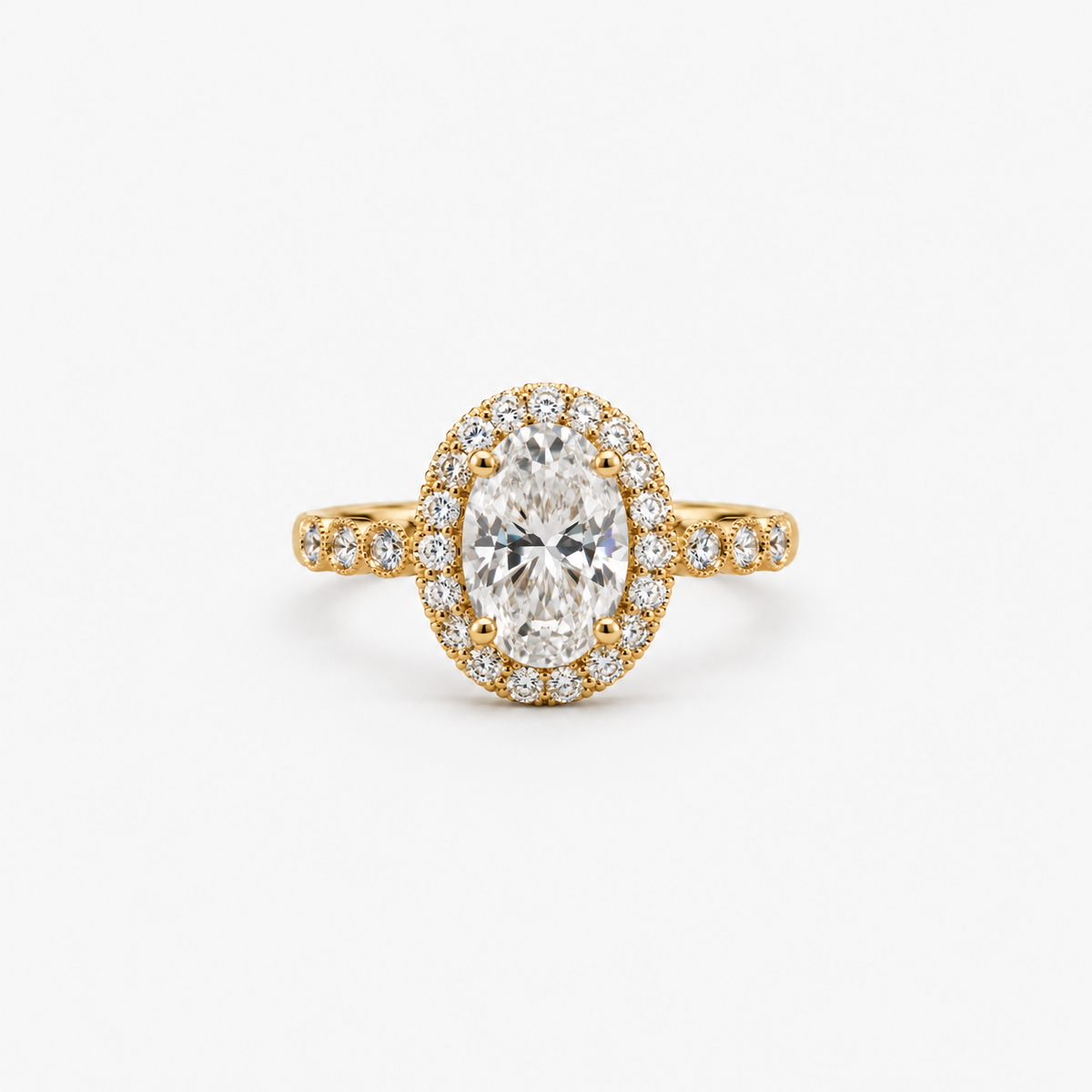 Oval Cut Halo Lab Grown Diamond Engagement Ring with Pavé Band in 14K Yellow Gold