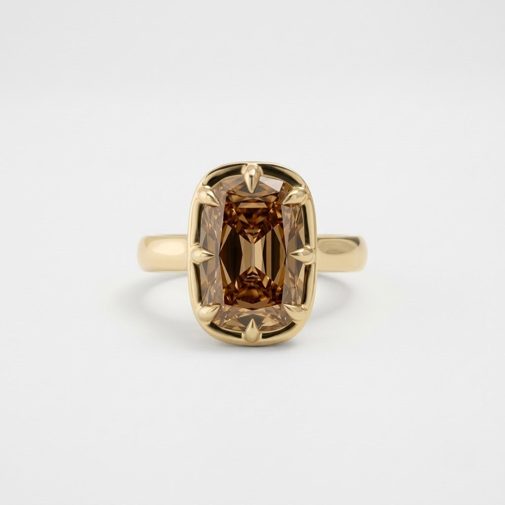 Lab Grown Diamond Fancy Champagne Old Mine Cushion Cut Multi-Prong Bezel Frame Solitaire Engagement Ring IGI Certified in 14K Yellow Gold