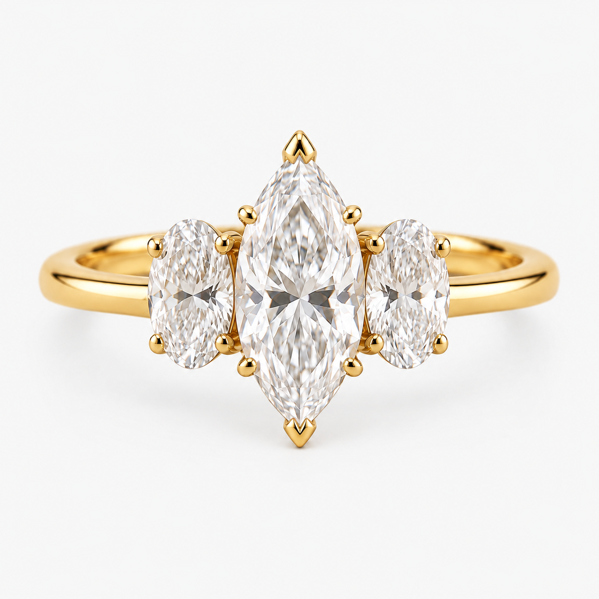 Lab Grown Diamond Marquise Cut Three Stone Engagement Ring with Oval Side Stones in 14K Yellow   Gold (Copy)