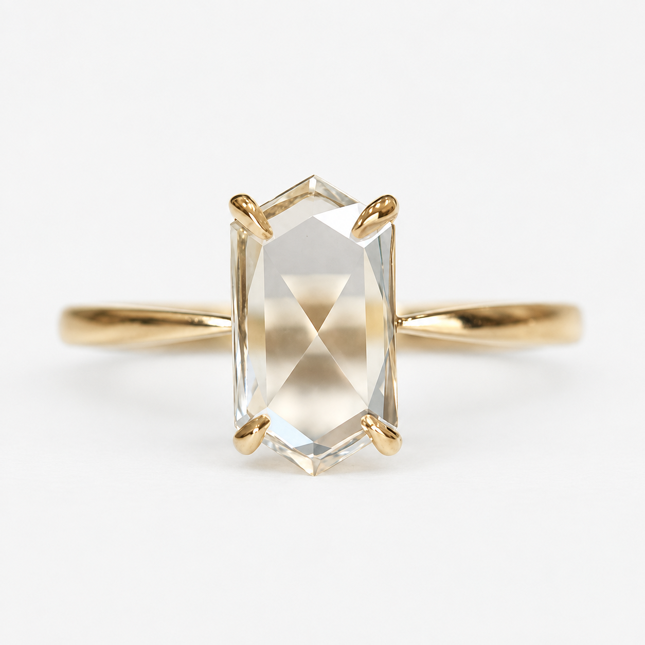 Lab Grown Diamond Elongated Hexagon Portrait Cut Lab Grown Diamond Solitaire Engagement Ring with Four Prong Setting and Minimalist Thin Band in 14K Yellow Gold