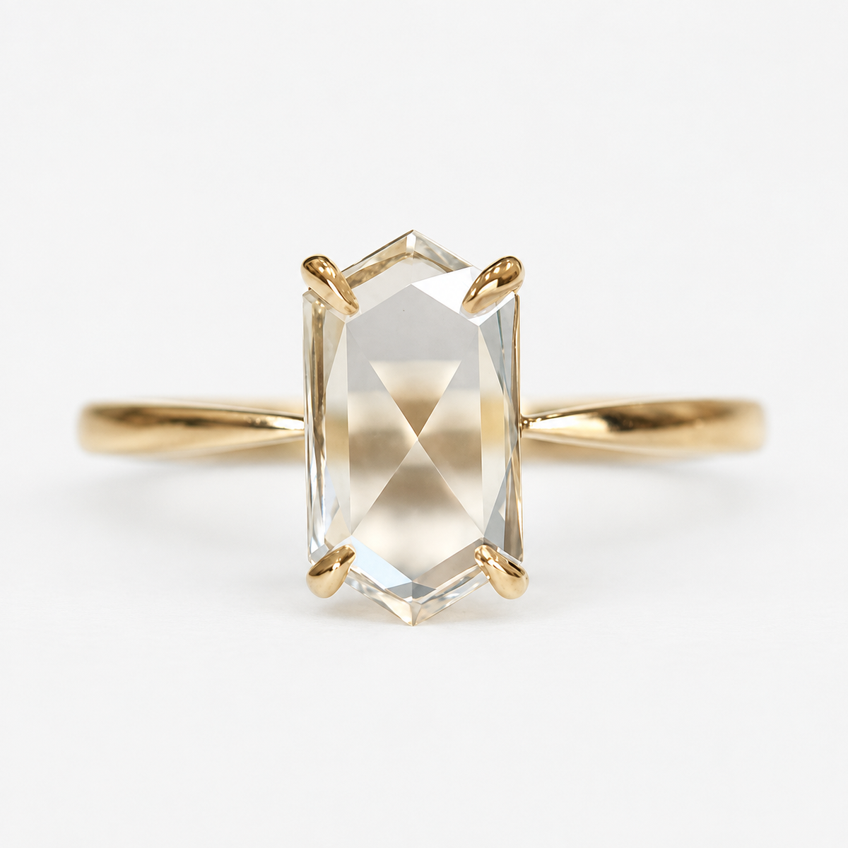 Lab Grown Diamond Elongated Hexagon Portrait Cut Lab Grown Diamond Solitaire Engagement Ring with Four Prong Setting and Minimalist Thin Band in 14K Yellow Gold