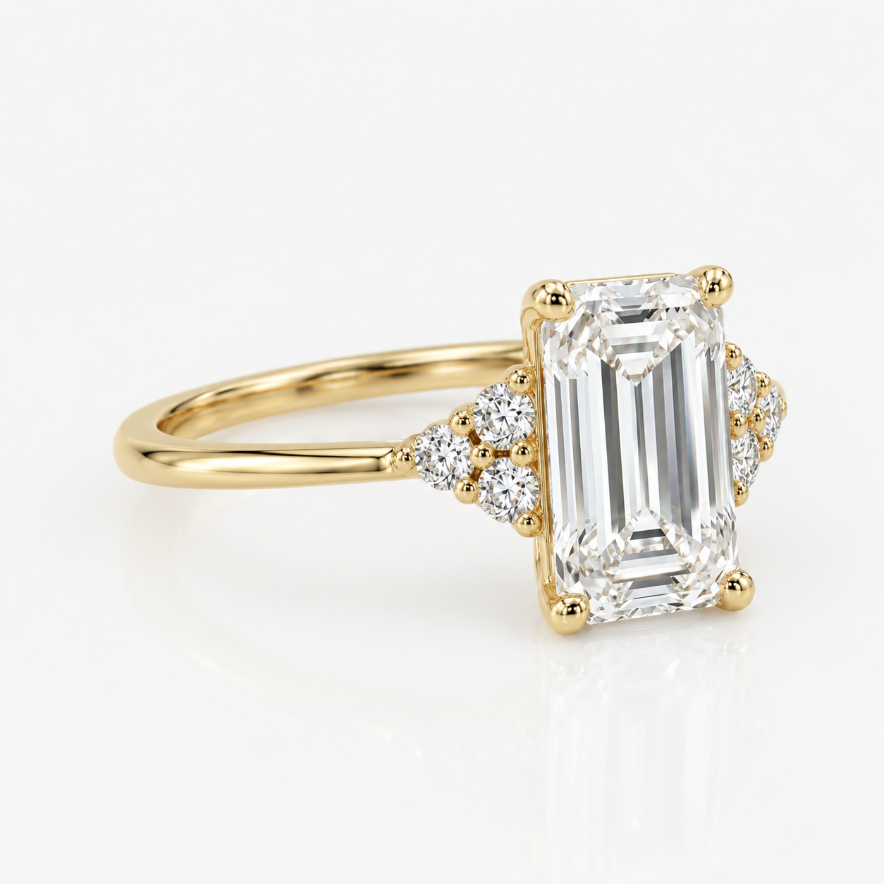 Lab Grown Diamond  Emerald Cut Cluster Side Stone Engagement Ring IGI Certified in 14K Yellow Gold