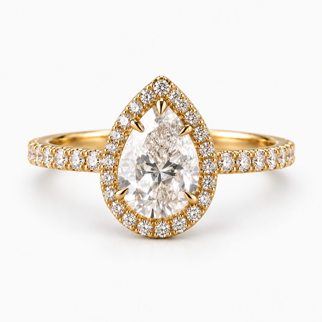 Lab Grown Diamond Pear Cut Halo Engagement Ring with Pavé Diamond Band in 14K Yellow Gold