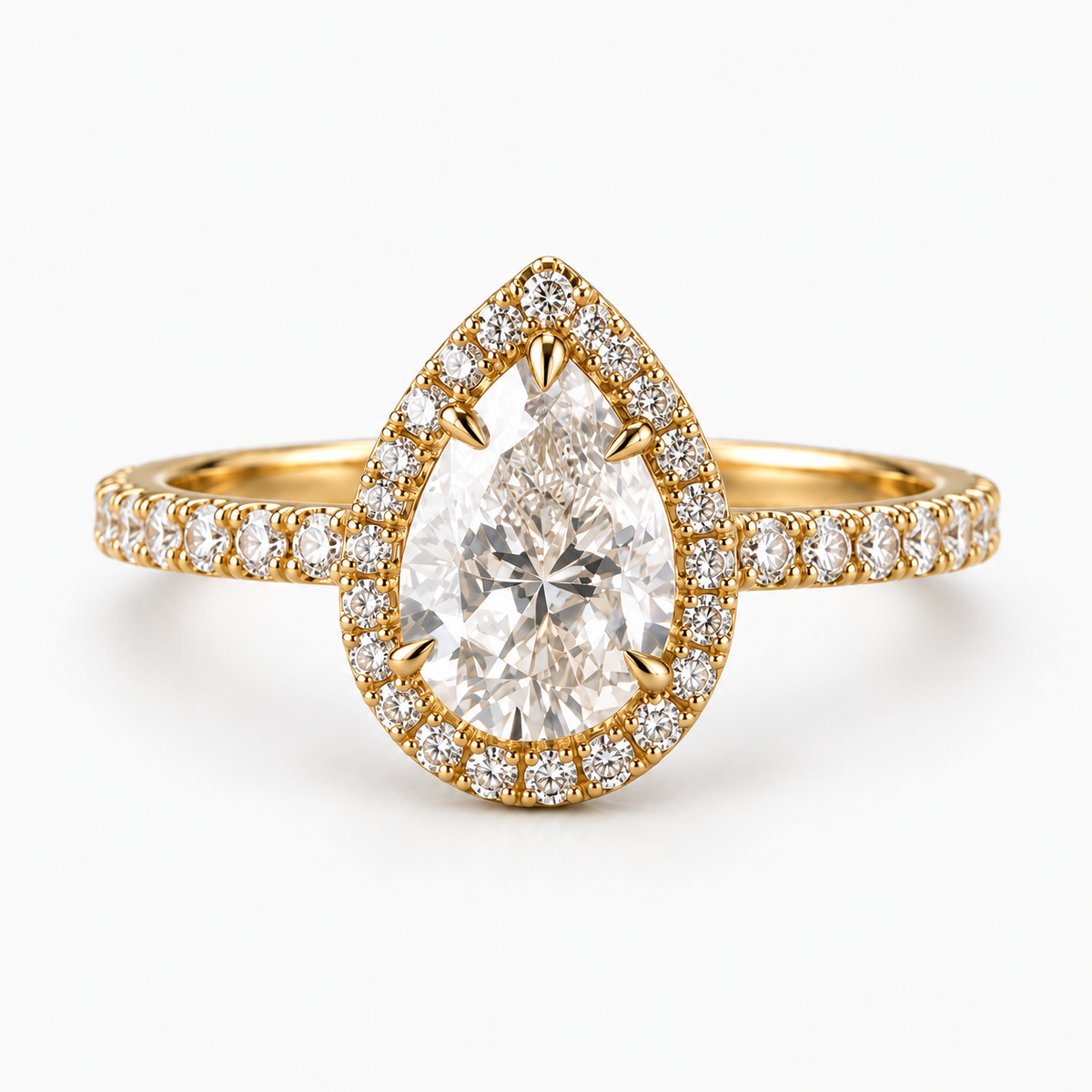 Lab Grown Diamond Pear Cut Halo Engagement Ring with Pavé Diamond Band in 14K Yellow Gold