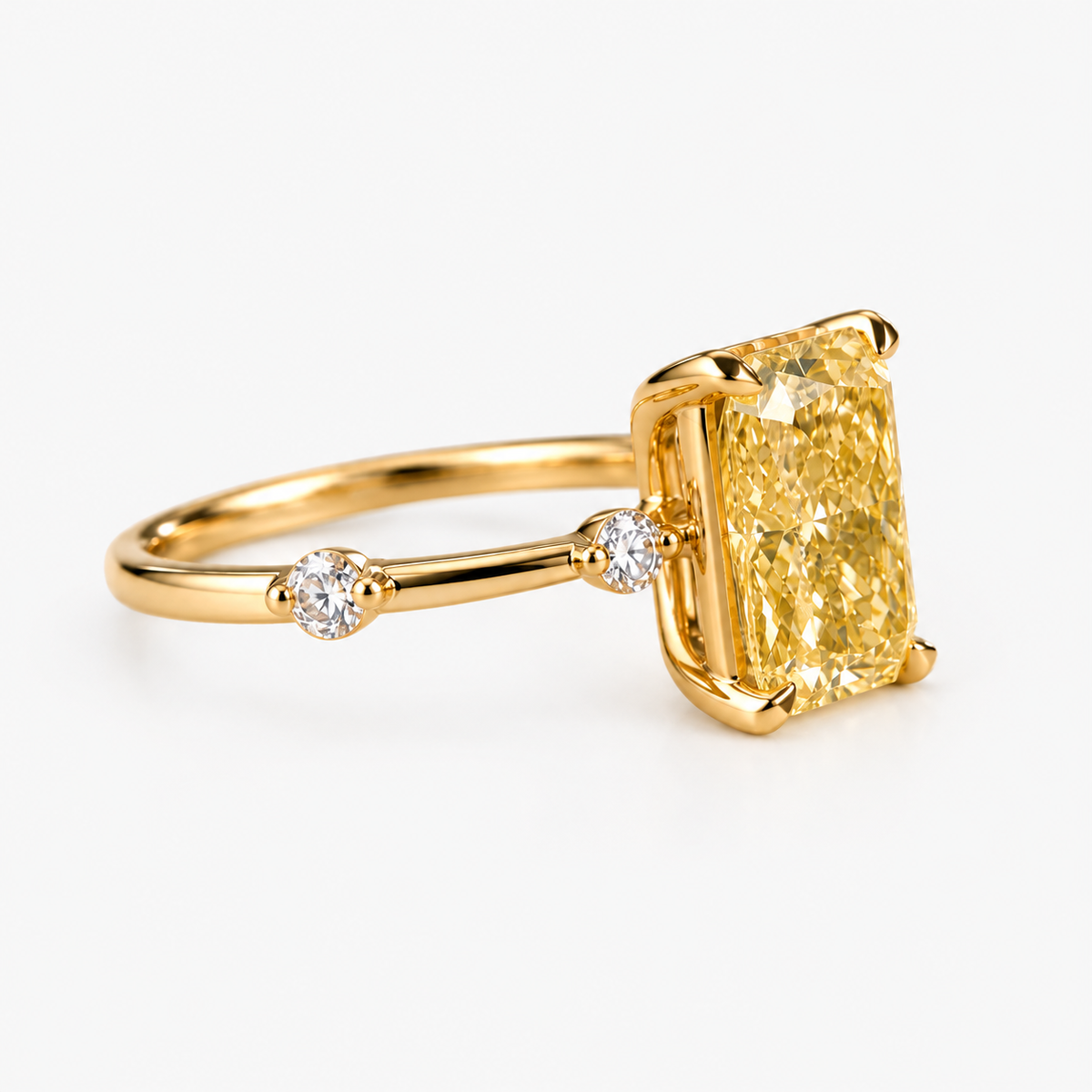 Lab Grown Fancy Yellow Radiant Cut Diamond Solitaire Engagement Ring with Round Diamond Side Accents in 14K Yellow Gold