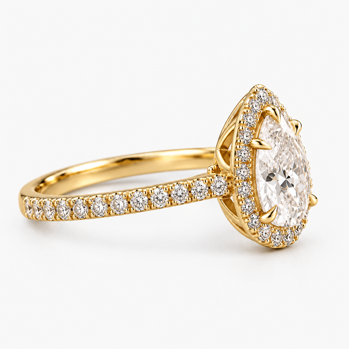 Lab Grown Diamond Pear Cut Halo Engagement Ring with Pavé Diamond Band in 14K Yellow Gold