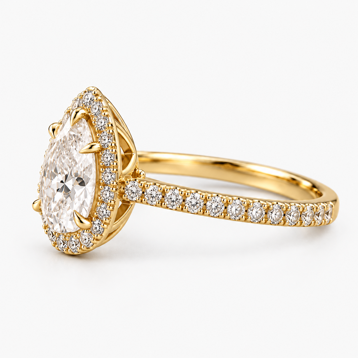 Lab Grown Diamond Pear Cut Halo Engagement Ring with Pavé Diamond Band in 14K Yellow Gold