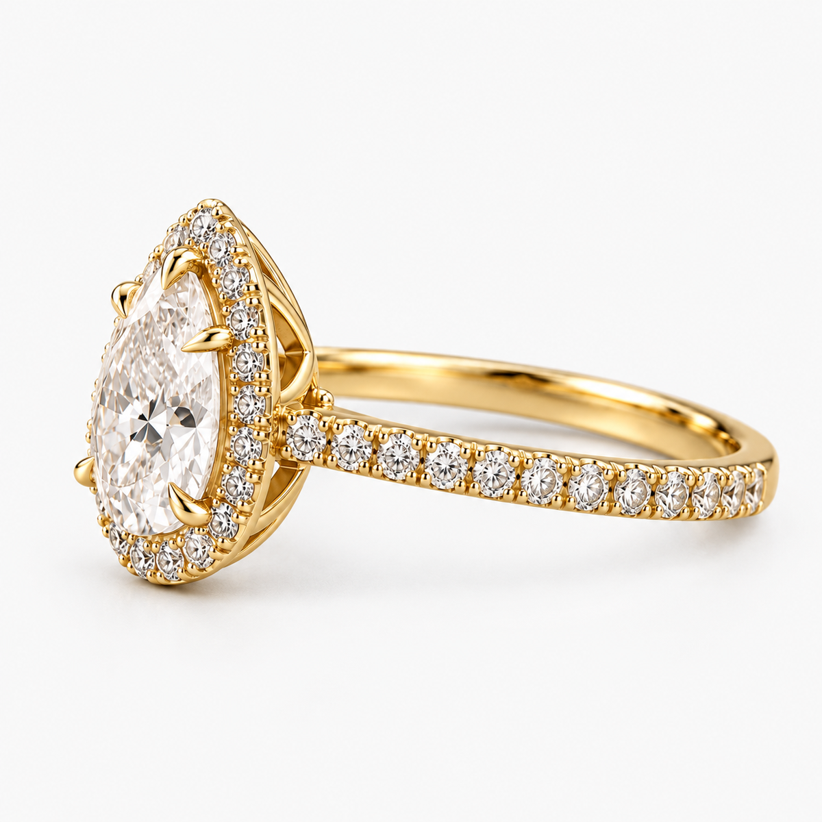 Lab Grown Diamond Pear Cut Halo Engagement Ring with Pavé Diamond Band in 14K Yellow Gold