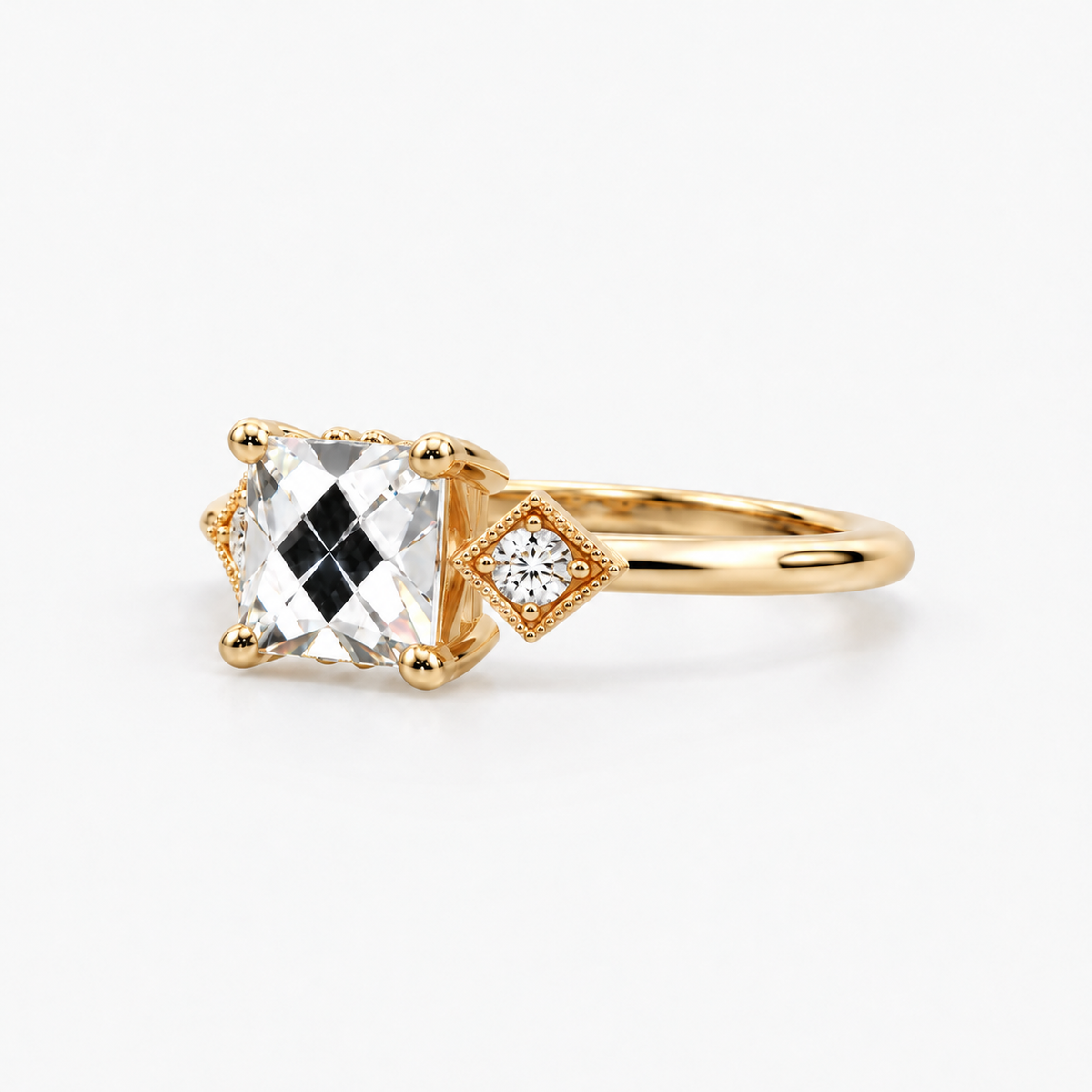 Lab Grown Diamond Square French Cut Beaded Edge Three-Stone Diamond Frame Side Accent Engagement Ring IGI Certified in 14K Yellow Gold