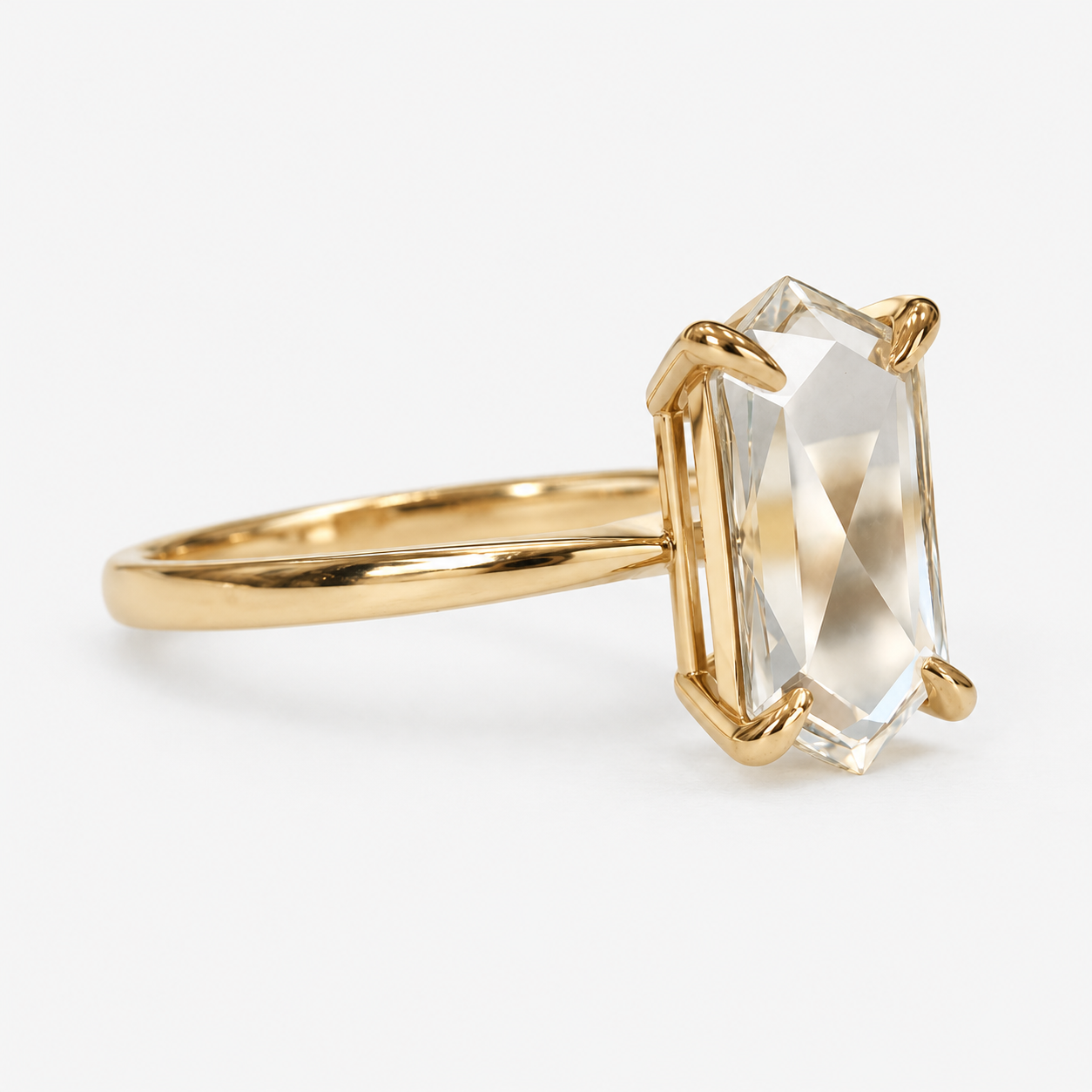 Lab Grown Diamond Elongated Hexagon Portrait Cut Lab Grown Diamond Solitaire Engagement Ring with Four Prong Setting and Minimalist Thin Band in 14K Yellow Gold