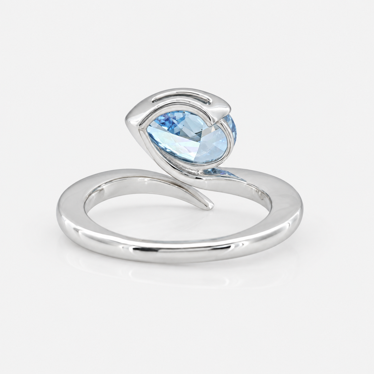 Lab Grown Diamond Fancy Vivid Blue Pear Cut Angled Bypass Wrap Half Bezel Solitaire Engagement Ring IGI Certified in 14K Yellow Gold