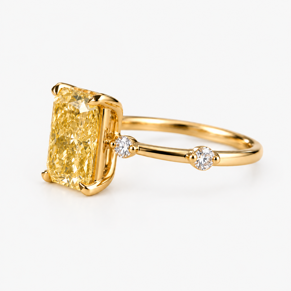 Lab Grown Fancy Yellow Radiant Cut Diamond Solitaire Engagement Ring with Round Diamond Side Accents in 14K Yellow Gold