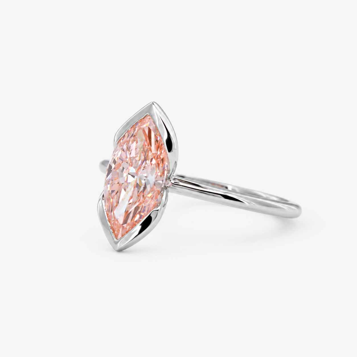 Lab Grown Diamond Fancy Pinkish Peach Marquise Cut Open-Side Half Bezel V-Cap Solitaire Engagement Ring IGI Certified in 14K Yellow Gold